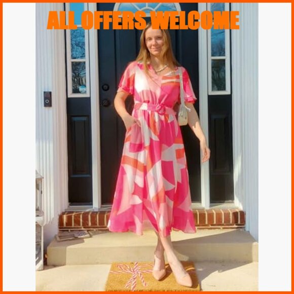 Floral V-Neck Midi Dress with Removable Belt, Polyester Fabric - Picture 5 of 7